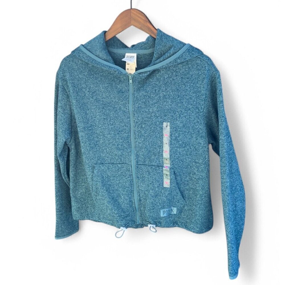 Victoria's Secret Pink Women's Zip-Up Hoodie Green Heather Drawstring Hem M NWT
